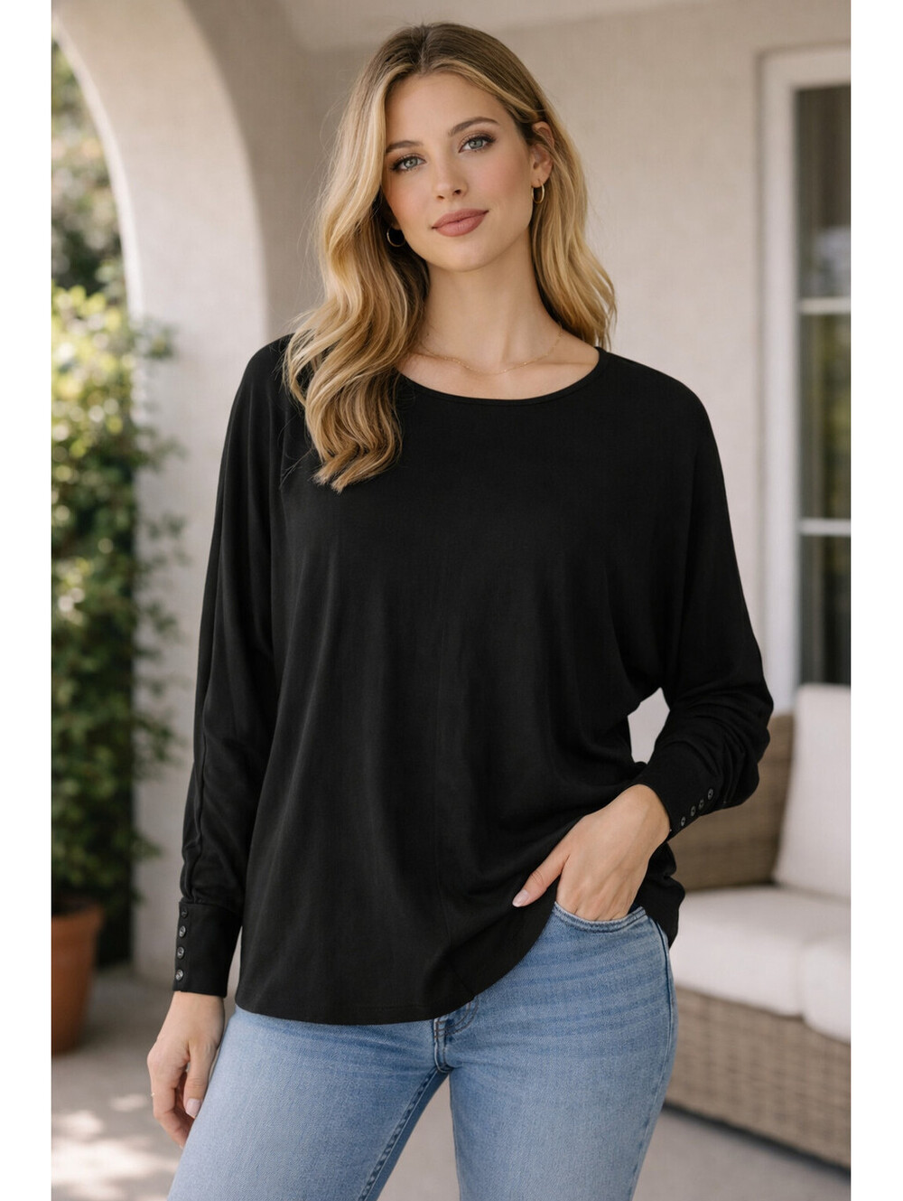 Magaschoni Black Dolman Sleeve Top S/P Snap Cuff Machine Washable